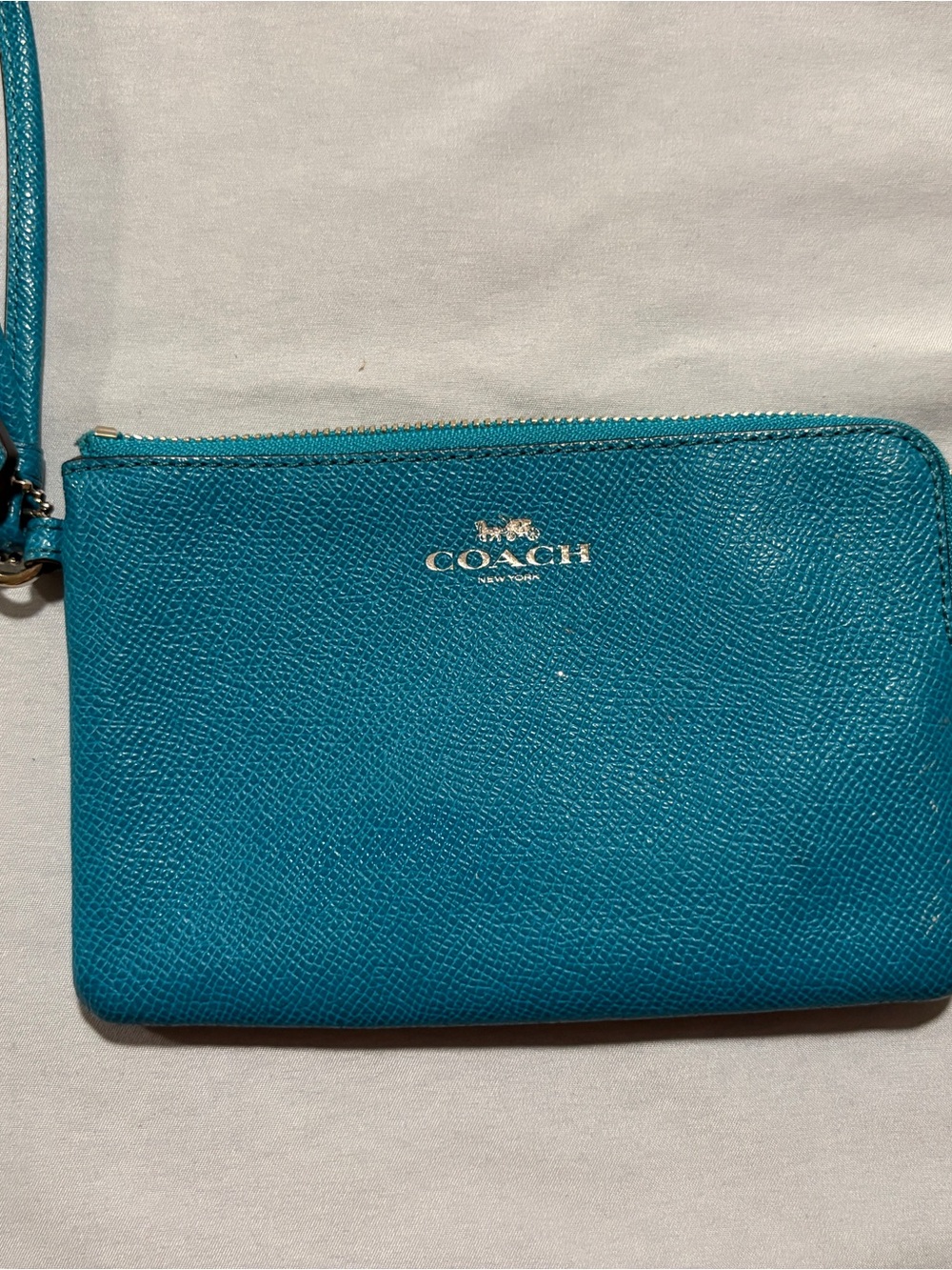 Coach Teal Leather Corner Zip Wristlet Pouch with Logo